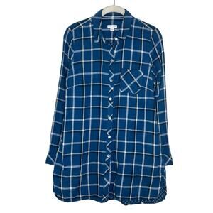 J Jill Woman Navy Blue Plaid Button Front 100% Cotton Tunic Top Blouse Sz S